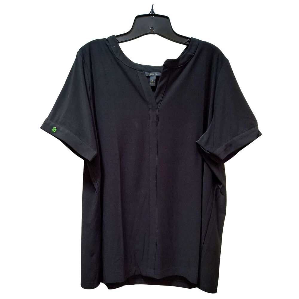 TWINHILL Blouse Women’s 1X Black Split Neck Stretch Short Sleeve Top Shirt